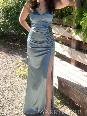 Gorgeous Satin Spaghetti Straps Side Slit Long Evening Prom Dresses, MR9232