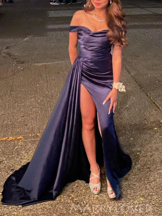 Off Shoulder Satin Side Slit Floor-length Long Evening Prom Dresses, MR9233