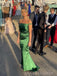 Backless Green Satin Off Shoulder Long Evening Prom Dresses, MR9235