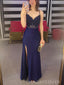 Spaghetti Straps Navy Blue Jersey Appliques Long Evening Prom Dresses, MR9237