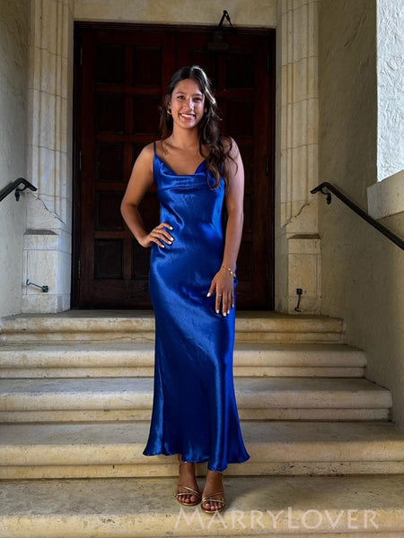blue satin dress Simple Royal Blue Satin Long Evening Prom Dresses, Spaghetti Straps Pr –  MarryLover