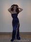 Morden Navy Blue Satin High Slit Long Evening Prom Dresses,Strapless Prom Dress, MR9246