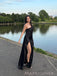 Black Satin One Shoulder High Slit Long Evening Prom Dresses, MR9248