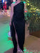 Black Satin One Shoulder High Slit Long Evening Prom Dresses, MR9248