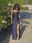 Simple Spaghetti Straps Navy Blue Long Evening Prom Dresses, Side Slit Prom Dress, MR9249