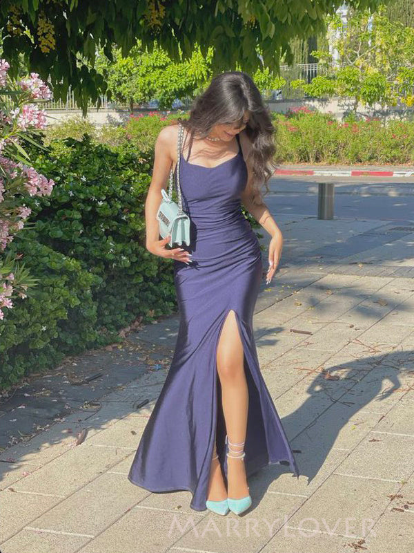 Simple Spaghetti Straps Navy Blue Long Evening Prom Dresses, Side Slit Prom Dress, MR9249