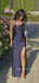 Simple Spaghetti Straps Navy Blue Long Evening Prom Dresses, Side Slit Prom Dress, MR9249