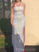 Gorgeous Lace Spaghetti Straps Side Slit Long Evening Prom Dresses, Mermaid Prom Dress, MR9255