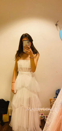 Popular Ivory Tulle A-line Spaghetti Straps Long Evening Prom Dresses, MR9257