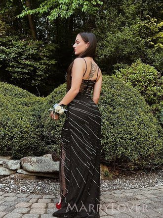 Black See Through Mermaid Side Slit Long Evening Prom Dresses, MR9258