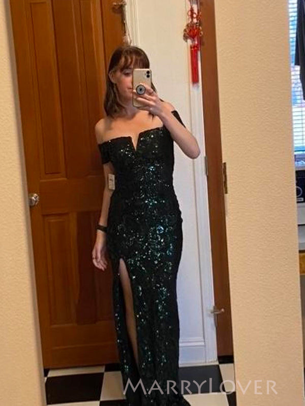 Off Shoulder Dark Green Sequin Lace Side Slit Long Evening Prom Dresse MarryLover Off Shoulder Dark Green Sequin Lace Side Slit Long Evening Prom Dresse MarryLover