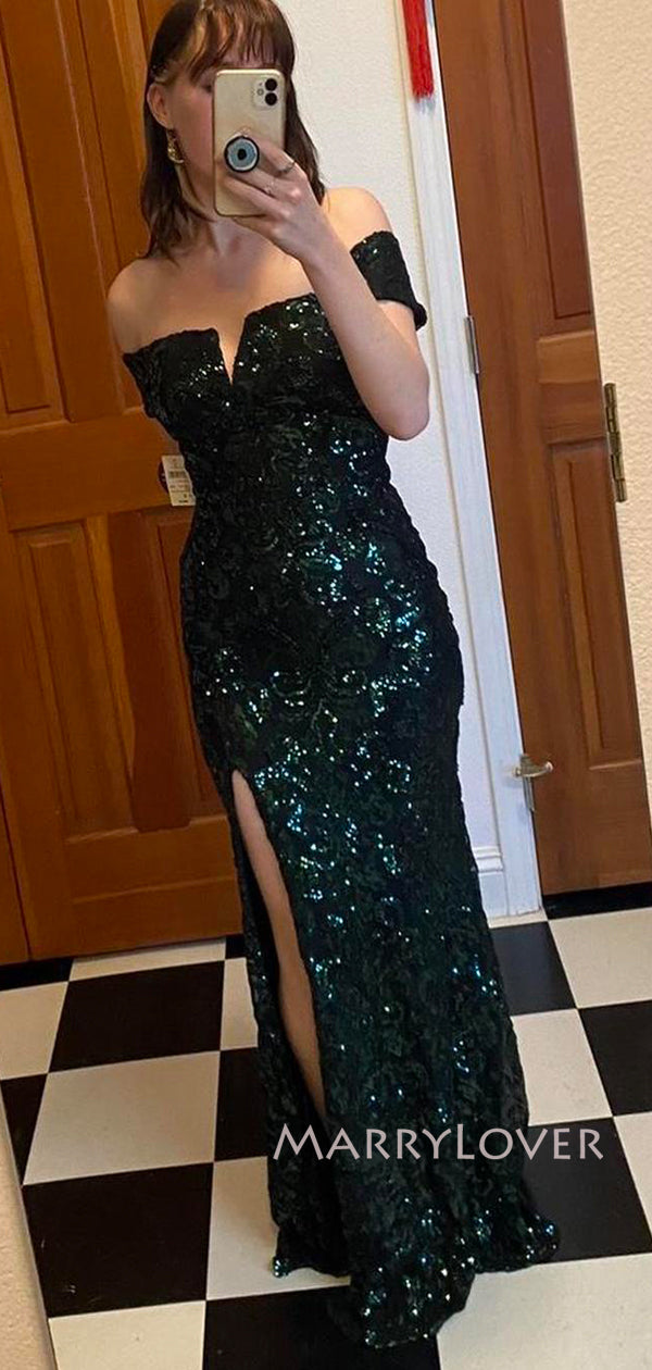 Off Shoulder Dark Green Sequin Lace Side Slit Long Evening Prom Dresse MarryLover Off Shoulder Dark Green Sequin Lace Side Slit Long Evening Prom Dresse MarryLover
