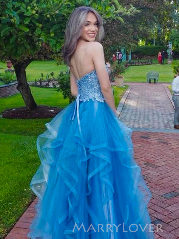 Blue Tulle Appliques Sweetheart A-line Long Evening Prom Dresses, MR9264