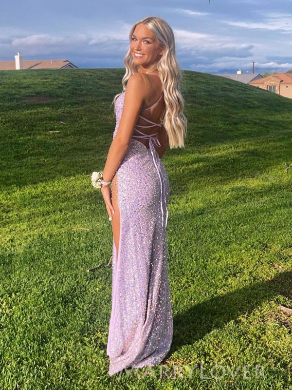 Light Purple Sequins Mermaid High Slit Long Evening Prom Dresses, V-ne MarryLover Light Purple Sequins Mermaid High Slit Long Evening Prom Dresses, V-ne MarryLover