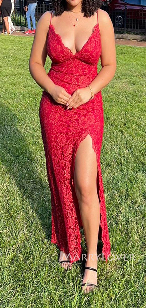 Red V-neck Lace Mermaid Long Evening Prom Dresses, Back Side Slit Prom – MarryLover