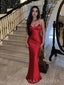 Simple Red Satin Mermaid Long Evening Prom Dresses, V-neck Prom Dress, MR9270