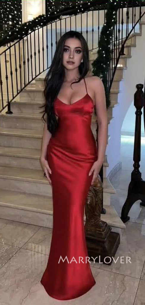 Simple Red Satin Mermaid Long Evening Prom Dresses, V-neck Prom Dress, MR9270