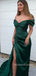 Off Shoulder Side Slit Dark Green Satin Long Evening Prom Dresses, MR9271