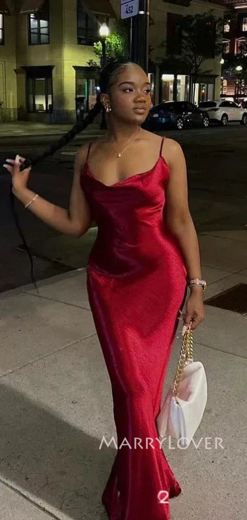 Popular Red Satin Spaghetti Straps Long Evening Prom Dresses, Mermaid Prom Dress, MR9281