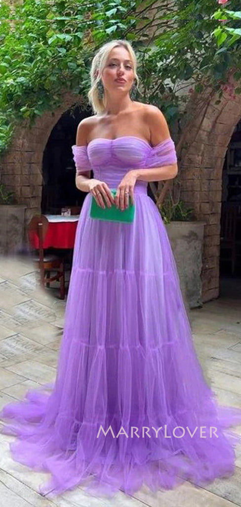 Purple Tulle Off Shoulder Long Evening Prom Dresses, A-line Prom Dress, MR9283