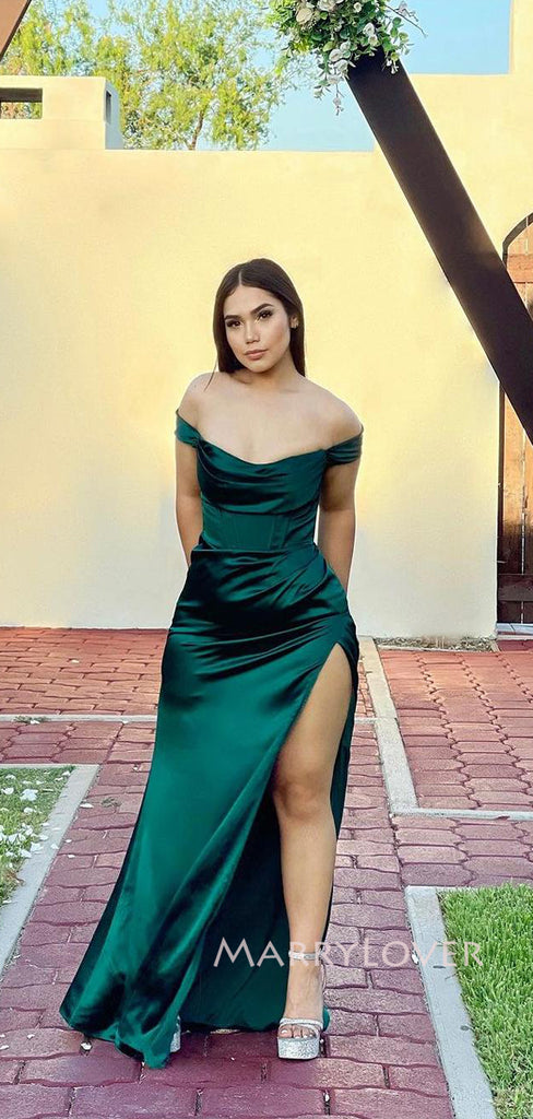 Green Satin Off Shoulder Long Evening Prom Dresses, High Slit prom dress, MR9285