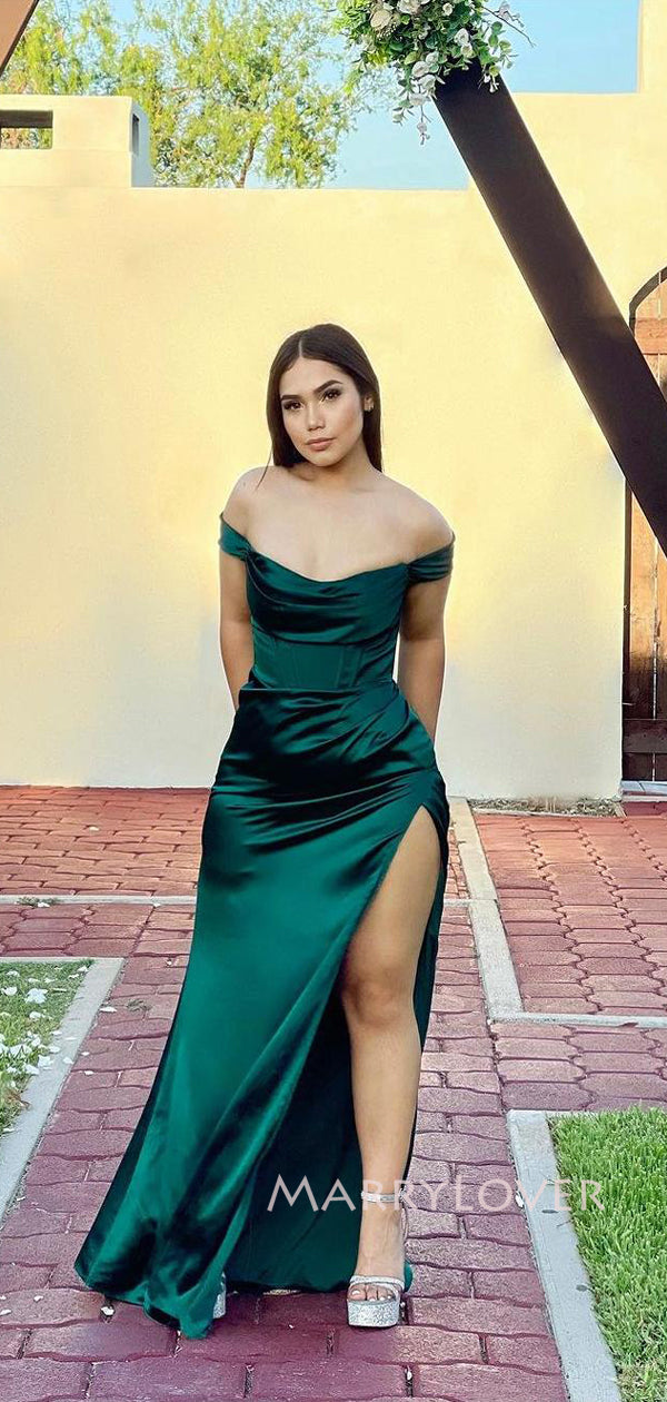 Green Satin Off Shoulder Long Evening Prom Dresses, High Slit prom dress, MR9285 Green Satin Off Shoulder Long Evening Prom Dresses, High Slit prom dress, MR9285