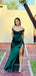 Green Satin Off Shoulder Long Evening Prom Dresses, High Slit prom dress, MR9285