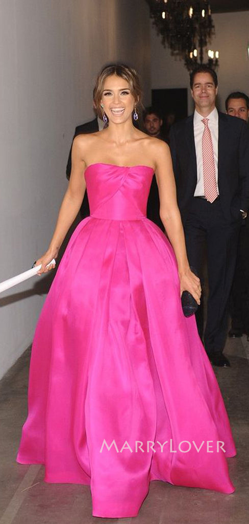 Formal Hot Pink Gaganza Satin Long Evening Prom Dresses, Strapless A-line Prom Dress, MR9286