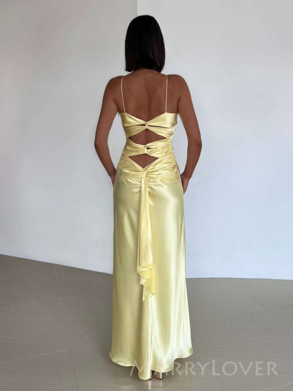 Yellow Satin V-neck Backless Long Evening Prom Dresses, MR9291