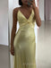 Yellow Satin V-neck Backless Long Evening Prom Dresses, MR9291