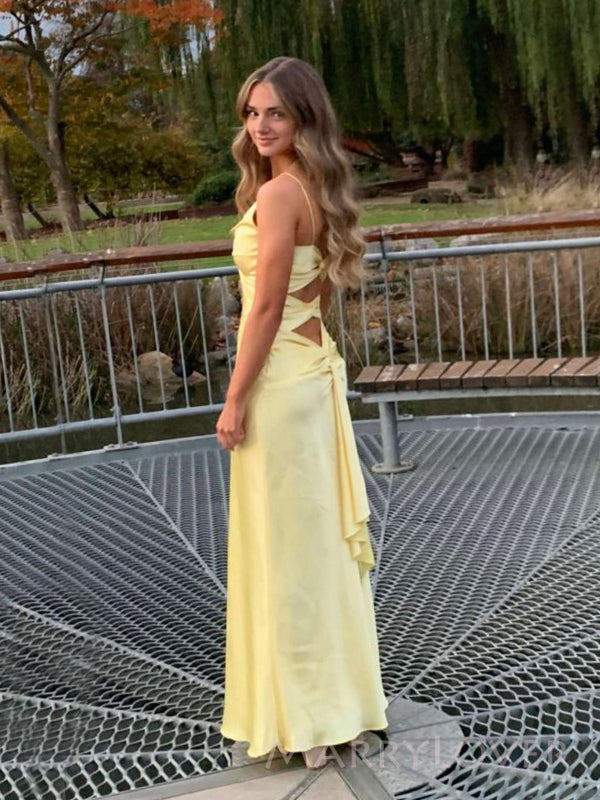 yellow satin v neck dress A Line V Neck Yellow Satin Long Prom Dresses, V Neck Backless Yellow Wedding Dresses, Formal Dresses