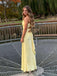 Yellow Satin V-neck Backless Long Evening Prom Dresses, MR9291