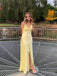 Yellow Satin V-neck Backless Long Evening Prom Dresses, MR9291