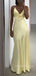 Yellow Satin V-neck Backless Long Evening Prom Dresses, MR9291