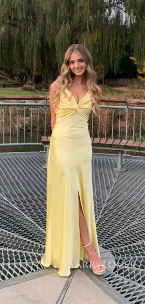 Yellow Satin V-neck Backless Long Evening Prom Dresses, MR9291