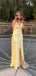 Yellow Satin V-neck Backless Long Evening Prom Dresses, MR9291