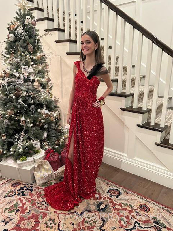 sparkly red prom dress with slit One Shoulder Cut-outs Split Red Sequin Prom Dress