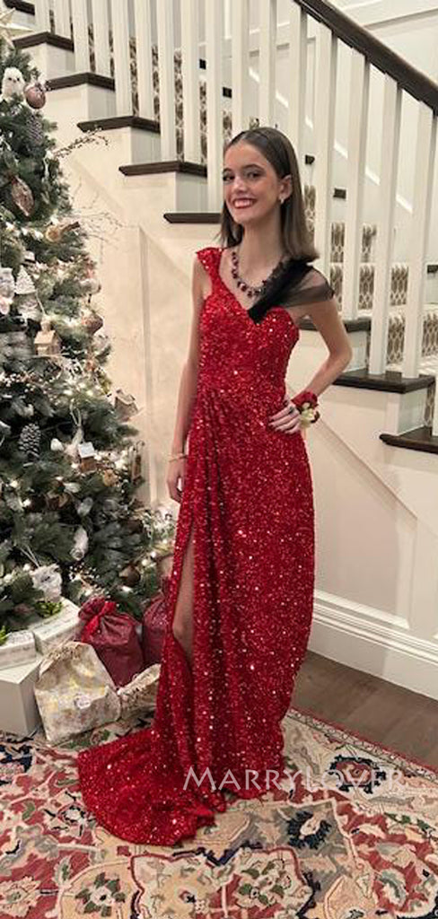 Sparkly Red Sequins Side Slit Long Evening Prom Dresses, MR9293