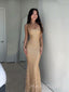 Gorgeous Sheath Mermaid Gold Sequins Mermaid Spaghetti Straps Long Evening Prom Dresses, MR9294