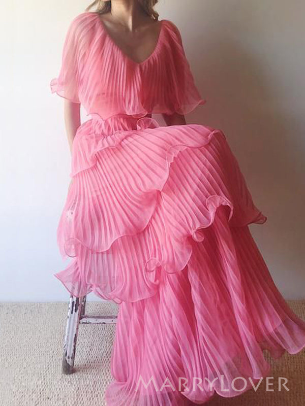 Off Shoulder Pink Chiffon A-line Long Evening Prom Dresses, MR9297