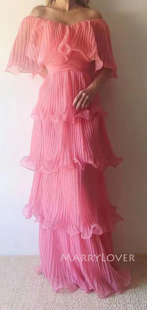 Off Shoulder Pink Chiffon A-line Long Evening Prom Dresses, MR9297