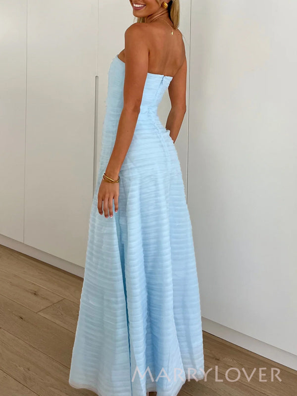 Strapless Blue A-line Long Evening Prom Dresses, Backless Prom Dress, MR9298