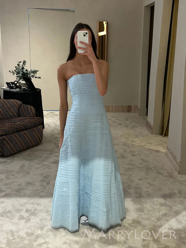 Strapless Blue A-line Long Evening Prom Dresses, Backless Prom Dress, MR9298