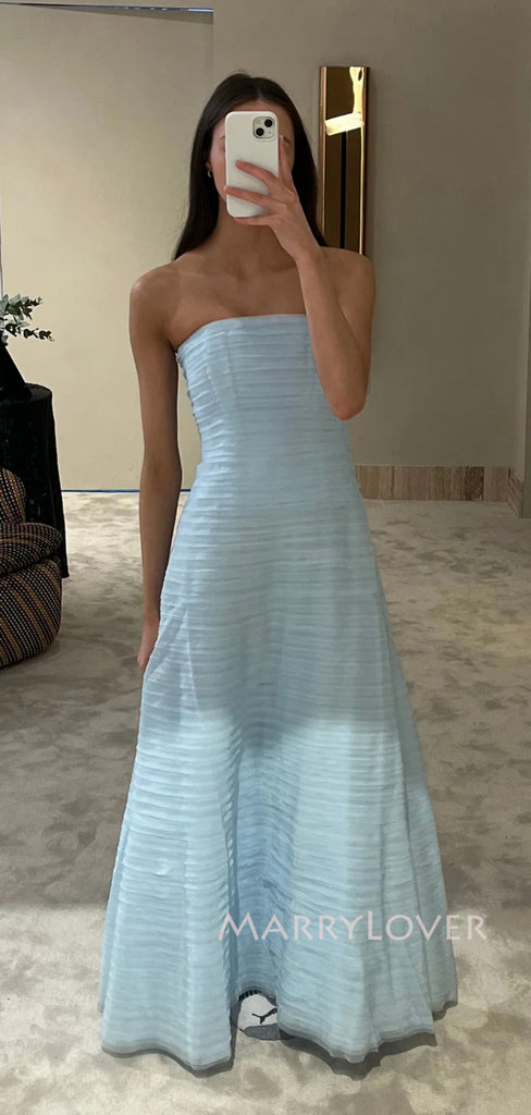 Strapless Blue A-line Long Evening Prom Dresses, Backless Prom Dress, MR9298