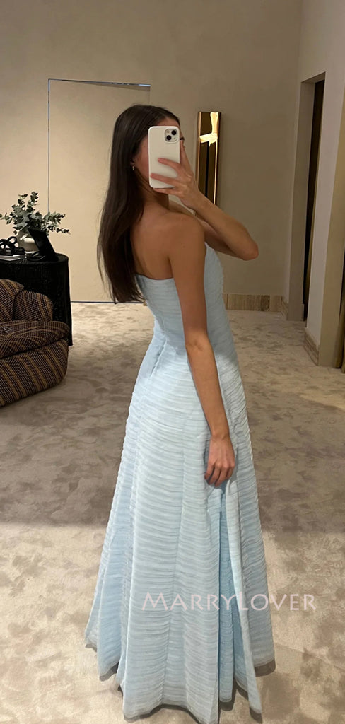 Strapless Blue A-line Long Evening Prom Dresses, Backless Prom Dress, MR9298