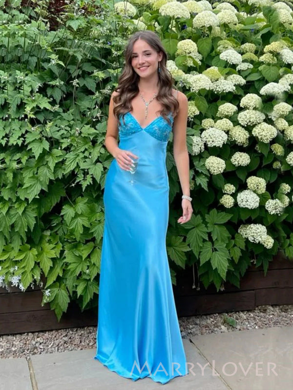 Gorgeous Mermaid Blue Satin Long Evening Prom Dresses, V-neck Prom Dre – MarryLover