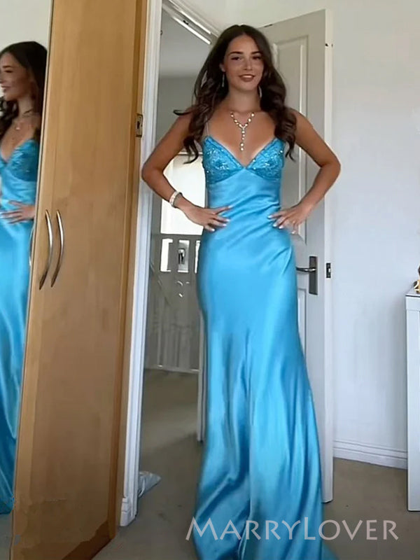 Gorgeous Mermaid Blue Satin Long Evening Prom Dresses, V-neck Prom Dress, MR9299