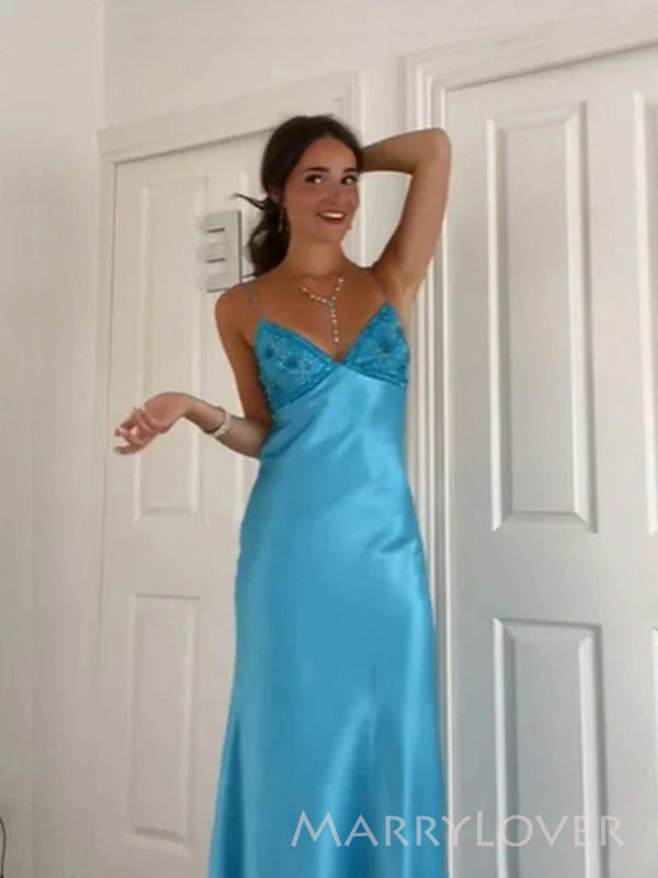 Gorgeous Mermaid Blue Satin Long Evening Prom Dresses, V-neck Prom Dre MarryLover Gorgeous Mermaid Blue Satin Long Evening Prom Dresses, V-neck Prom Dre MarryLover