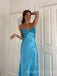 Gorgeous Mermaid Blue Satin Long Evening Prom Dresses, V-neck Prom Dress, MR9299