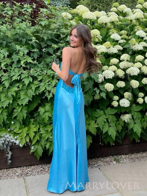 Gorgeous Mermaid Blue Satin Long Evening Prom Dresses, V-neck Prom Dress, MR9299